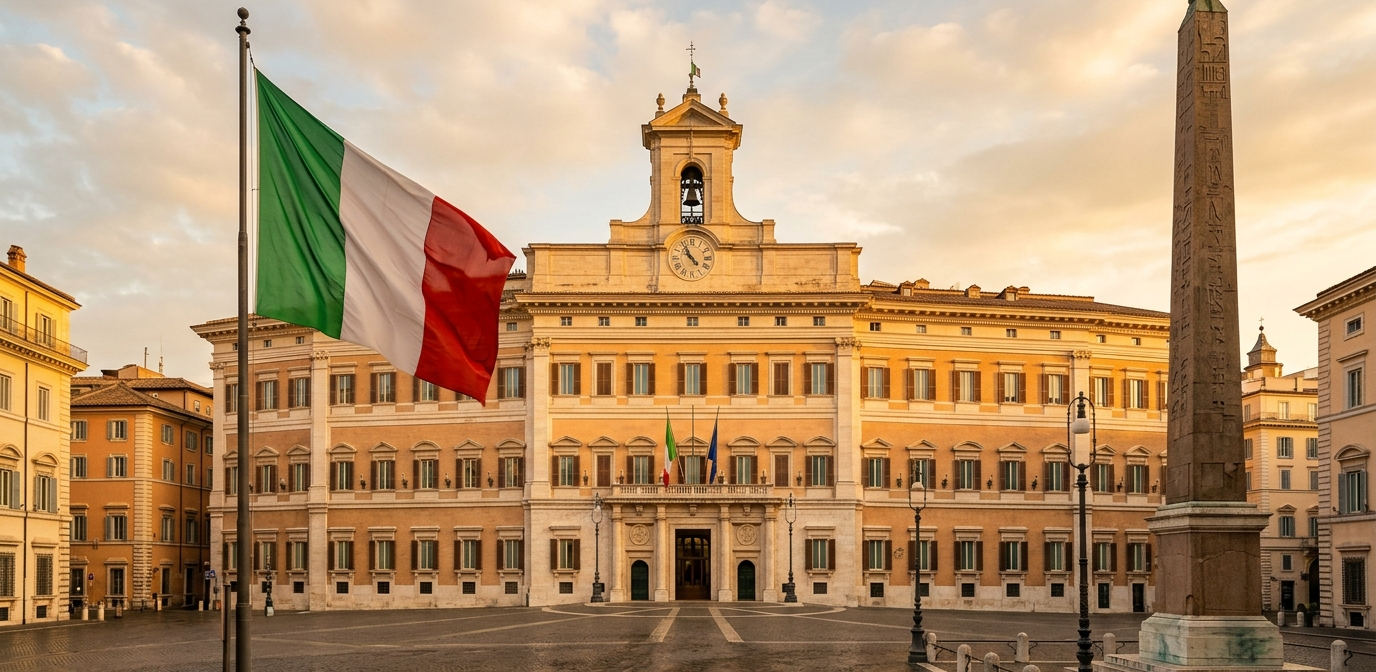 Façade du Palazzo Montecitorio à Rome, siège du Parlement italien, au coucher du soleil