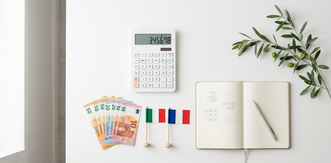 Flat lay avec billets en euros, calculatrice, drapeaux français et italien et carnet de notes — droits de succession et abattements en Italie 2026