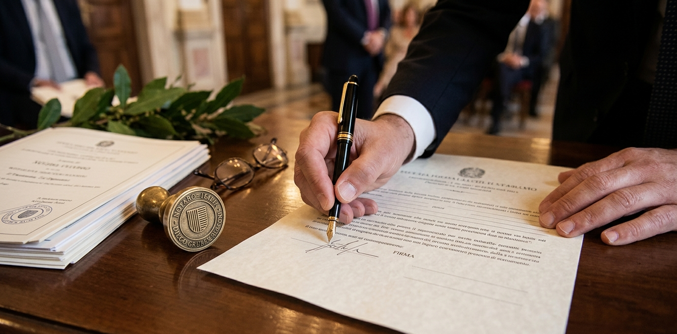 Mains signant un document officiel avec un stylo plume sur un bureau en bois, tampon notarial visible — rédiger un testament en Italie 2026