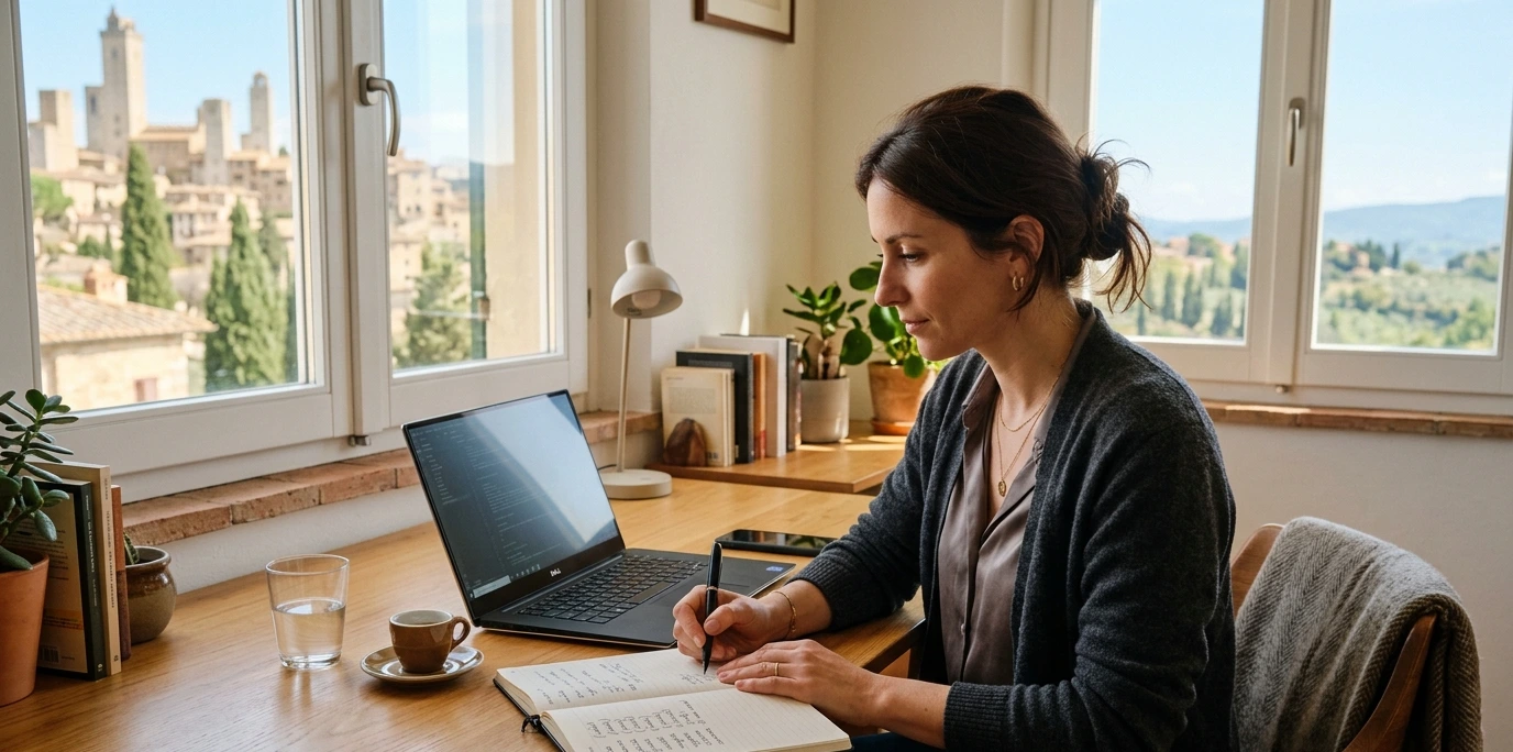 Femme assise à un bureau lumineux consultant un ordinateur portable et un carnet de vocabulaire italien, avec un café, pour apprendre l'italien