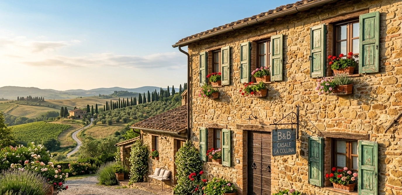 Façade en pierre d'un B&B italien avec volets verts, géraniums aux fenêtres et panneau artisanal à l'entrée, avec vue sur la campagne toscane en arrière-plan.