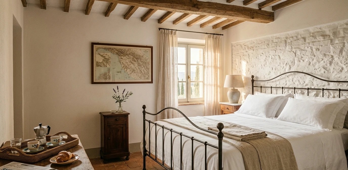 Chambre de B&B italien avec poutres en bois apparentes, murs en pierre blanchis, lit en fer forgé et linge blanc, table de nuit en bois ancien avec fleur fraîche et plateau d'expresso.