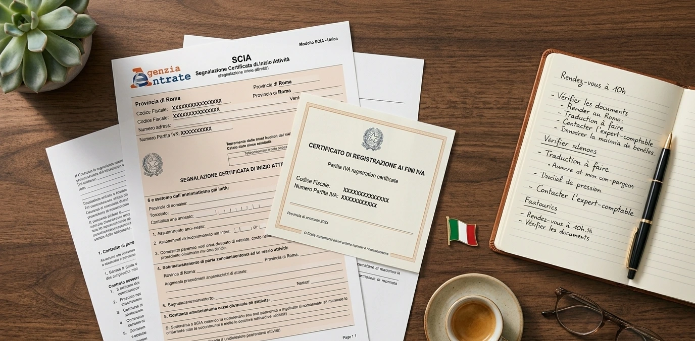 Vue de dessus d'un bureau avec des documents administratifs italiens incluant un formulaire SCIA et un document de l'Agenzia delle Entrate, un stylo, des lunettes et un carnet de notes en français.