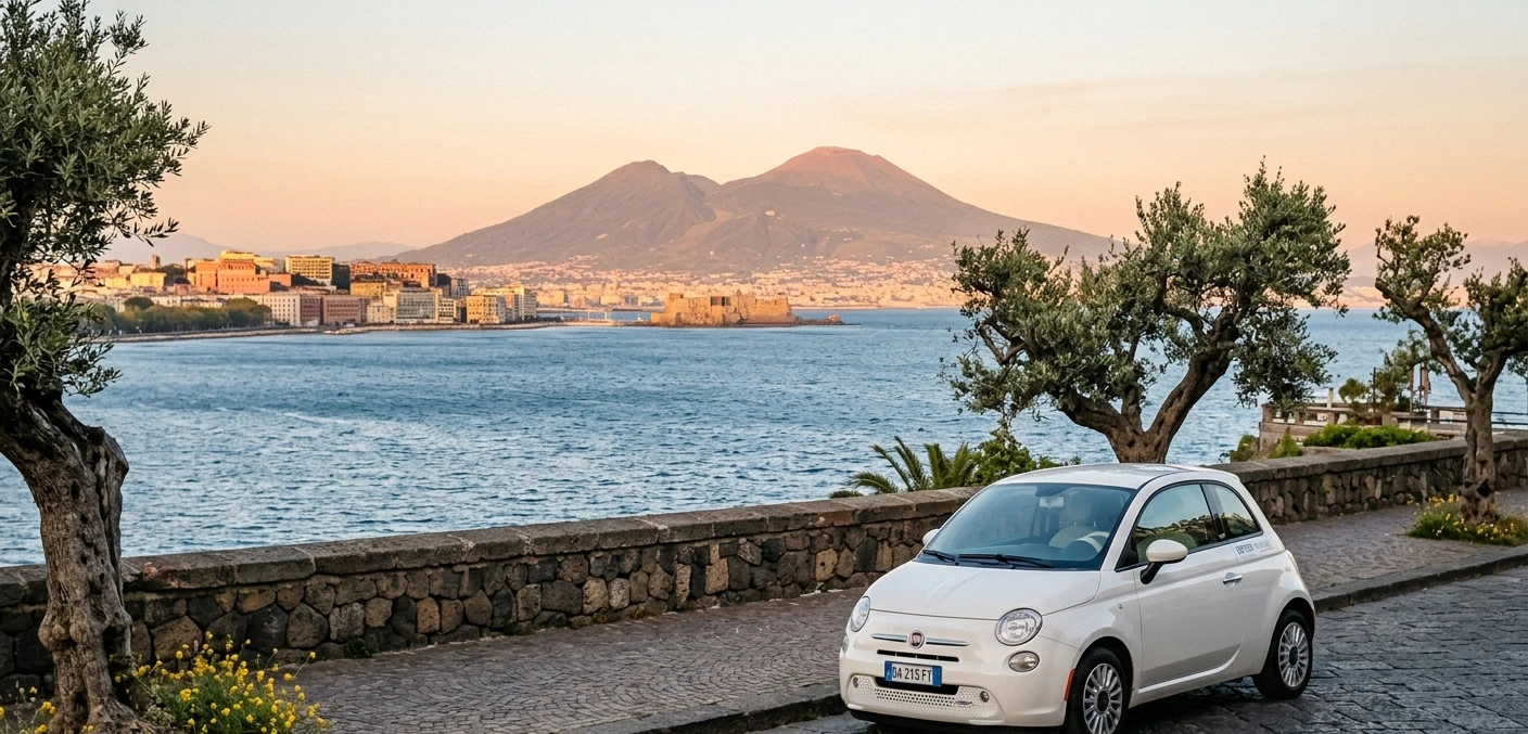 white rental car parked on the Naples Lungomare waterfront with Mount Vesuvius in the background at sunset