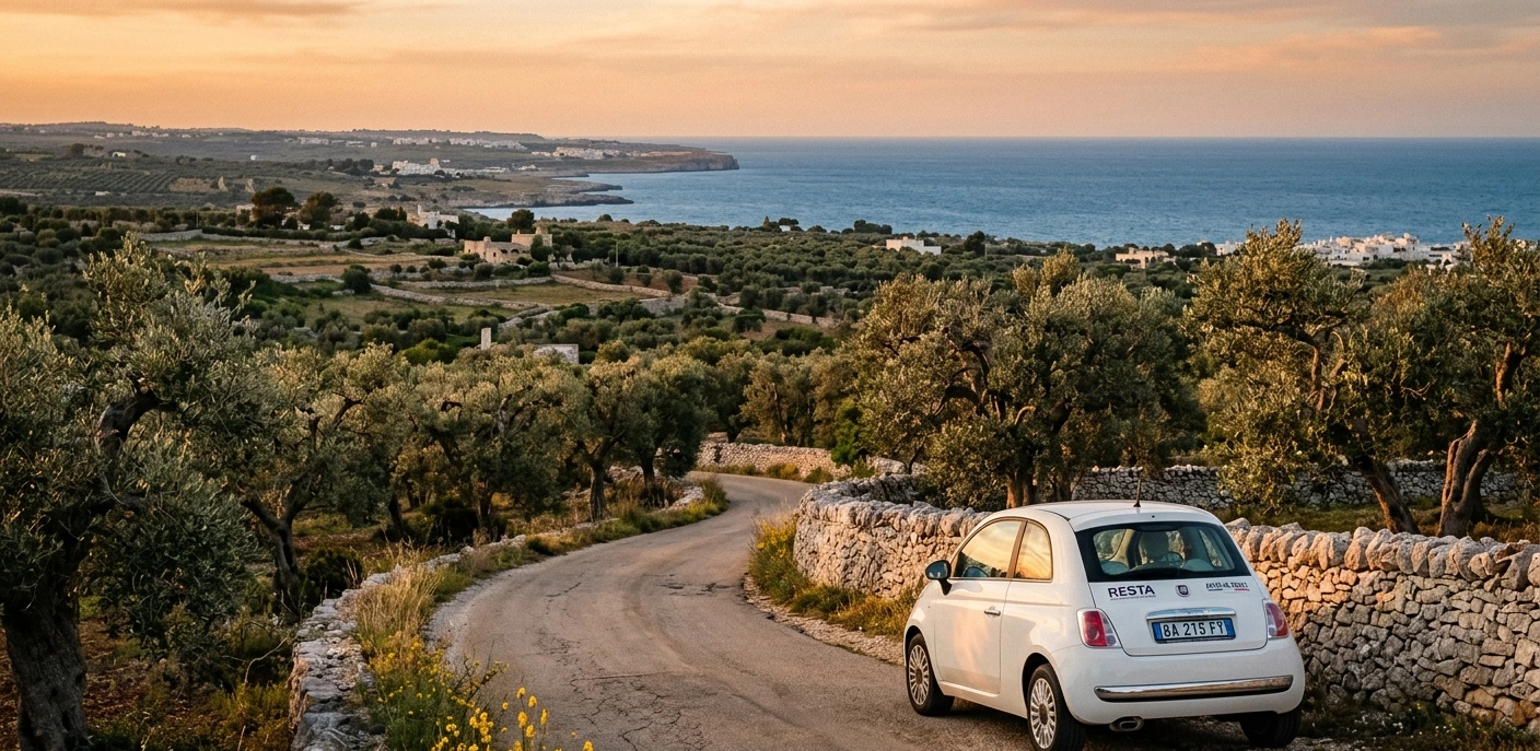 Voiture de location blanche sur une route côtière des Pouilles entourée d'oliviers centenaires avec la mer Adriatique en arrière-plan