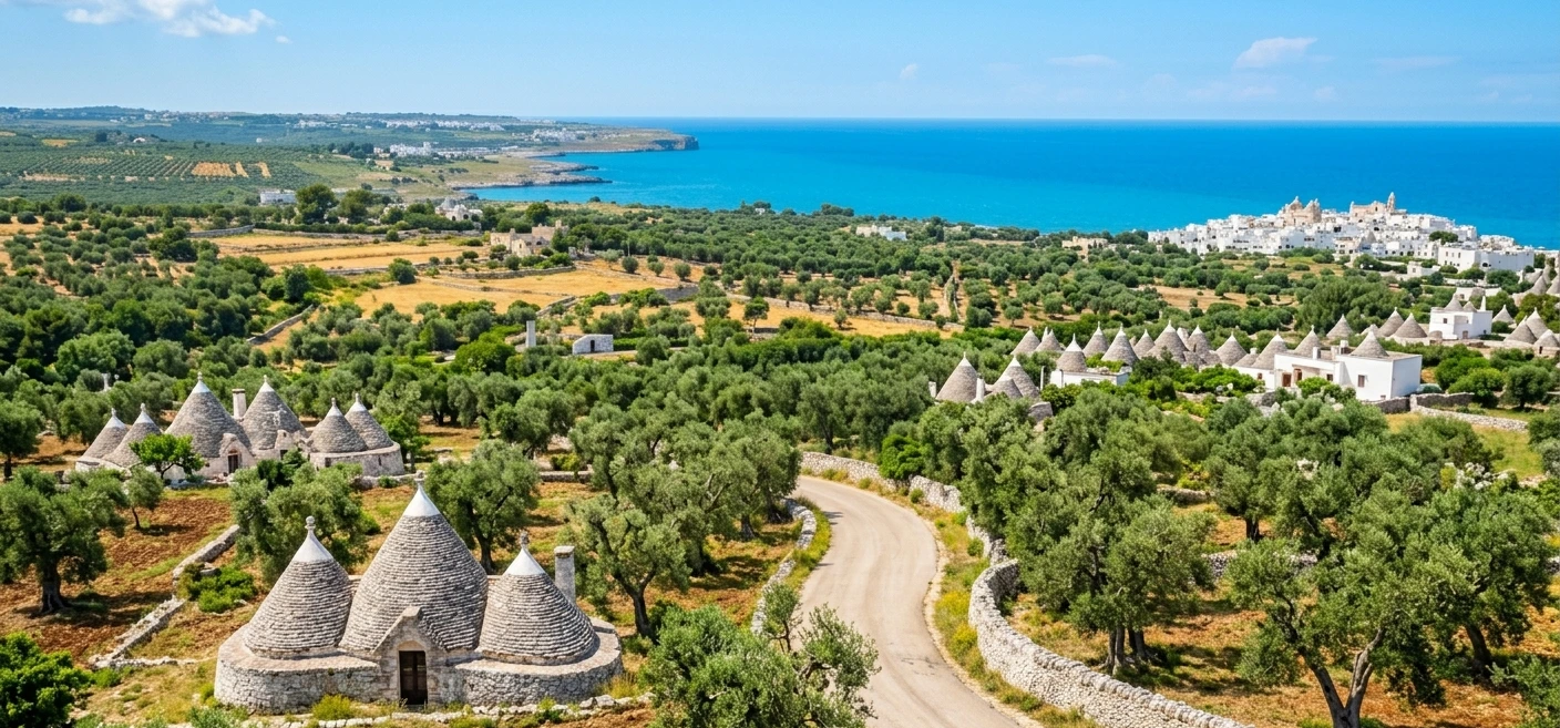 Route de campagne déserte traversant le paysage des Pouilles avec des trulli en pierre et des champs dorés sous un ciel d'été