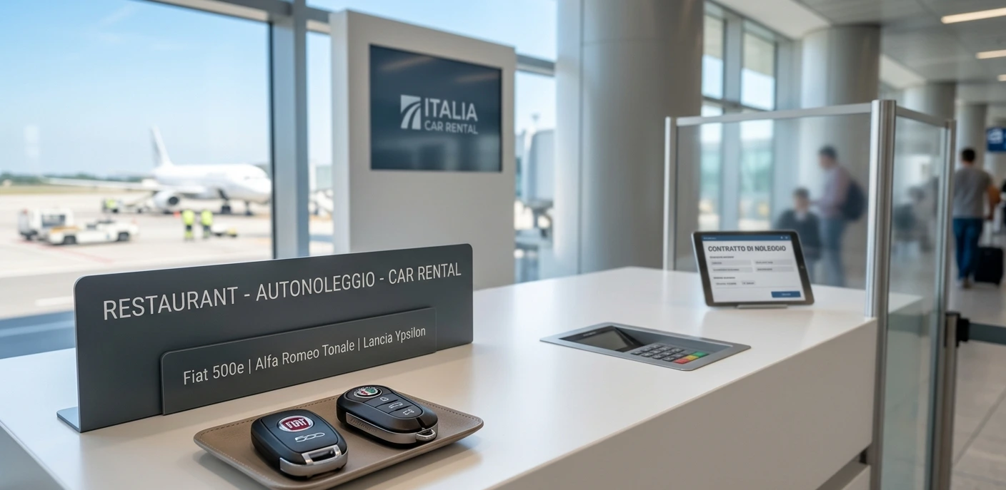 Clés de voiture posées sur le comptoir d'une agence de location dans un aéroport italien avec lumière naturelle