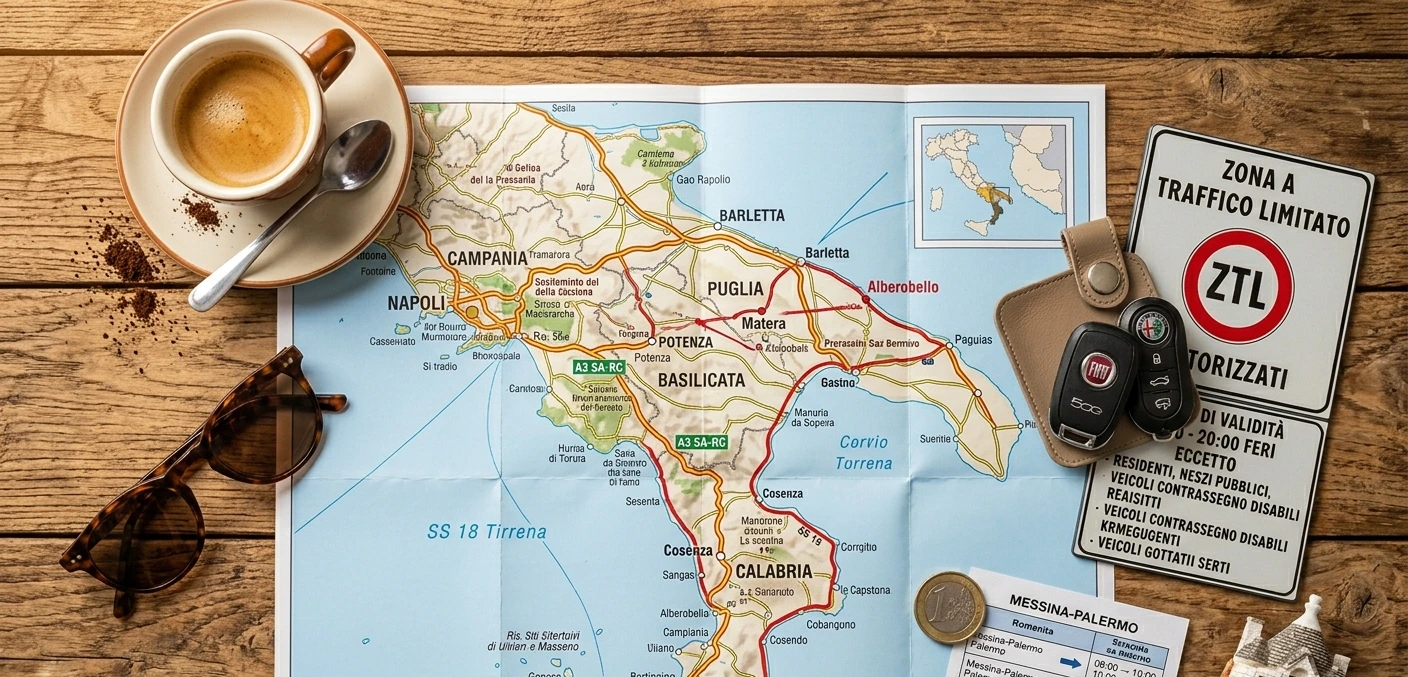 Carte routière du sud de l'Italie dépliée sur une table en bois avec des lunettes de soleil et des clés de voiture à côté
