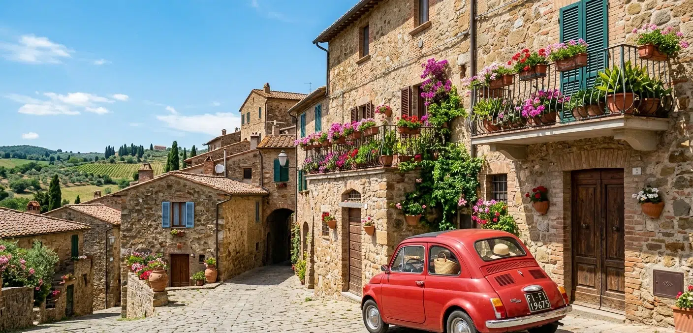 Location voiture en Toscane – Fiat 500 devant un village toscan
