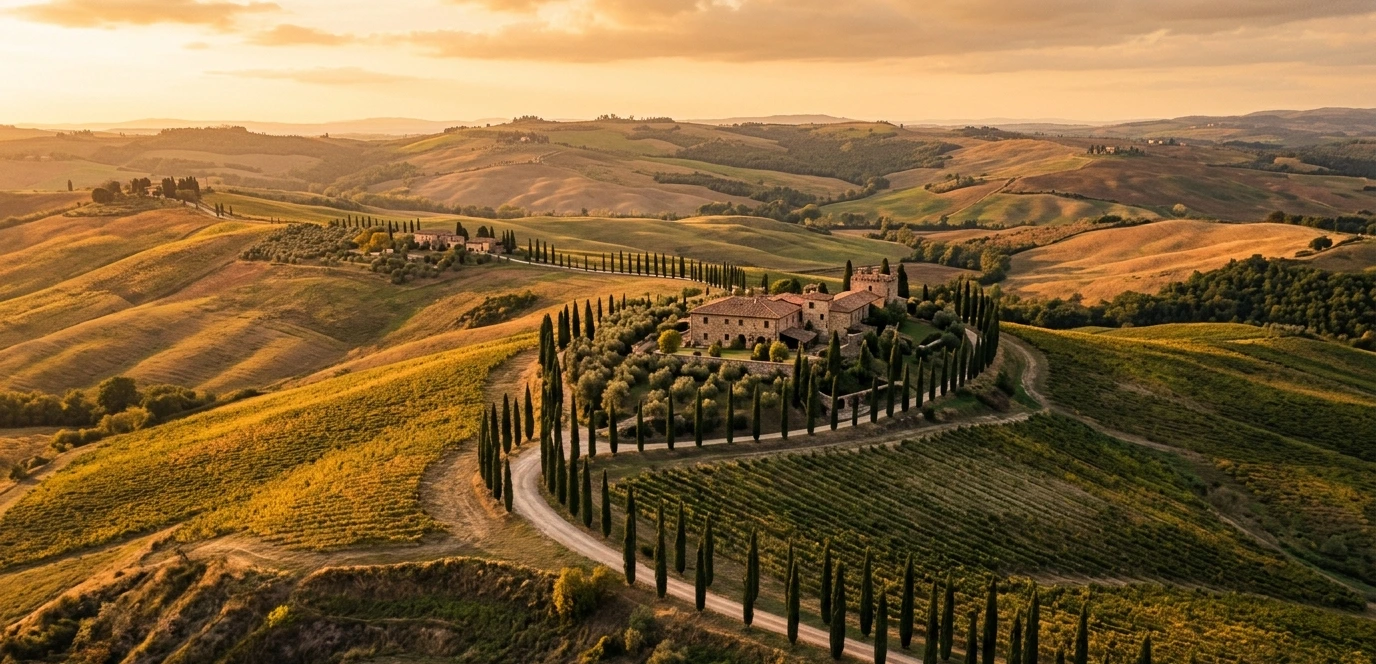 Vue aérienne des collines toscanes au coucher du soleil avec rangées de cyprès et ferme en pierre — acheter une maison en Toscane 2026