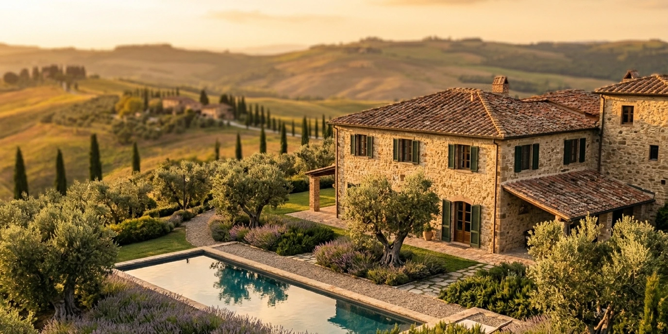Villa toscane en pierre rénovée avec piscine privée, jardin d'oliviers et vue panoramique sur les collines du Chianti — achat villa Toscane 2026