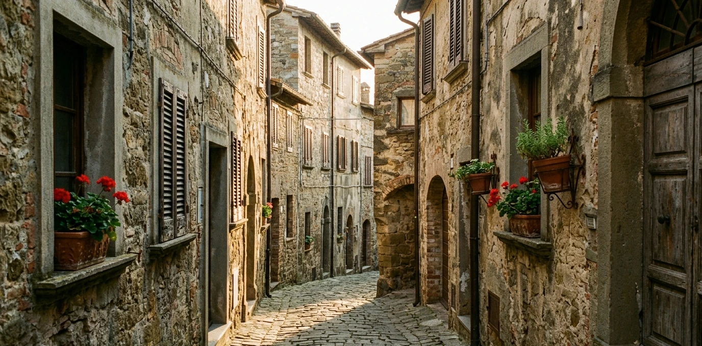 Ruelle médiévale d'un village toscan en pierre avec maisons à rénover et volets en bois — programme maison à 1 euro en Toscane 2026