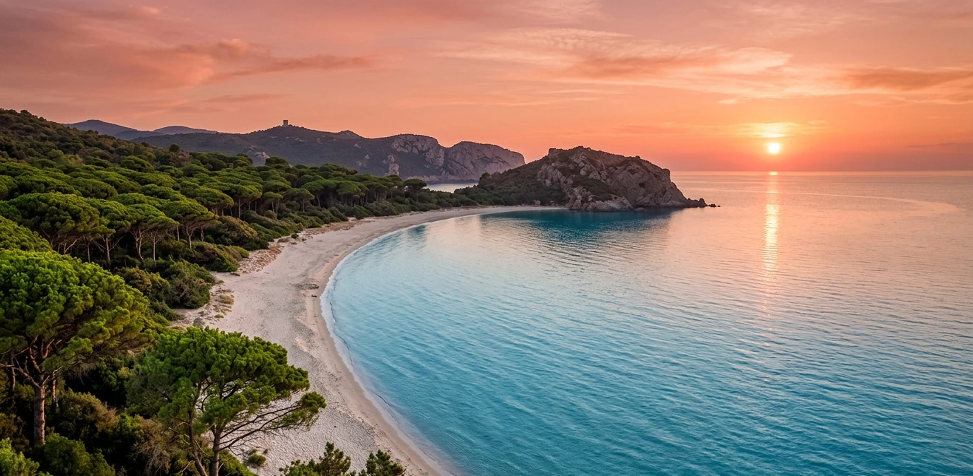 Baie naturelle préservée sur le littoral de la Maremme toscane au coucher du soleil — immobilier bord de mer Toscane côte étrusque 2026