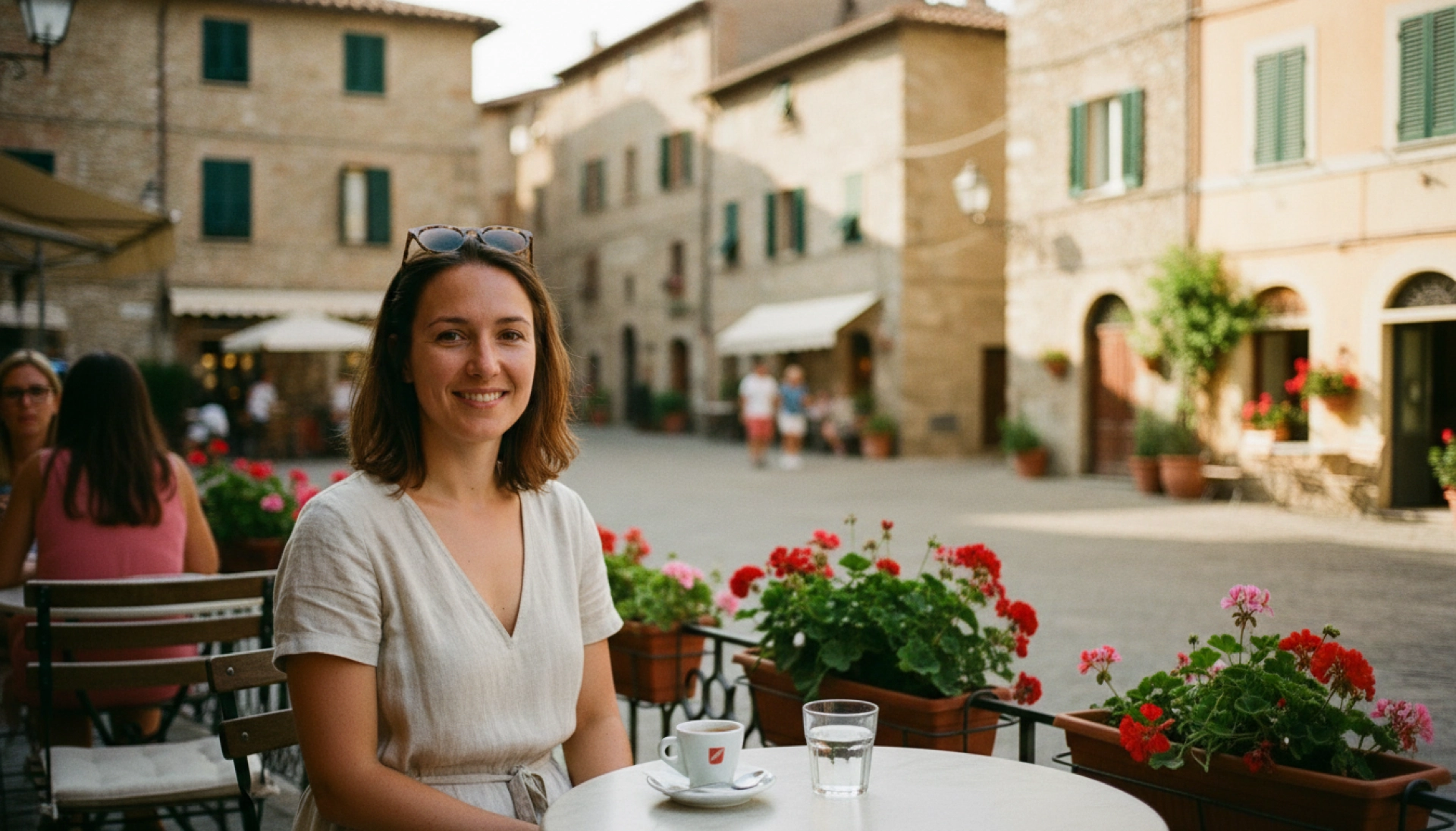 jeune française profitant d'une pause en terrasse après son travail saisonnier en Italie