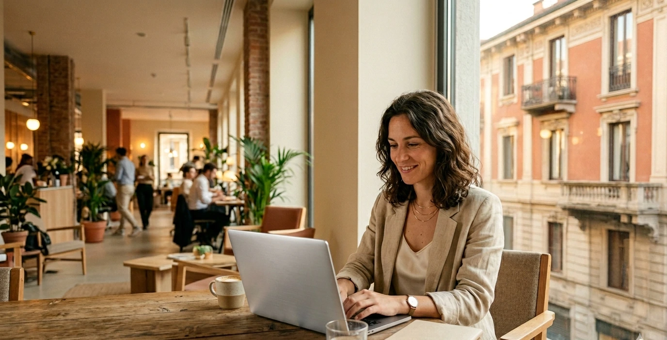 Jeune professionnelle francophone travaillant sur un ordinateur portable dans un coworking moderne à Milan, Italie