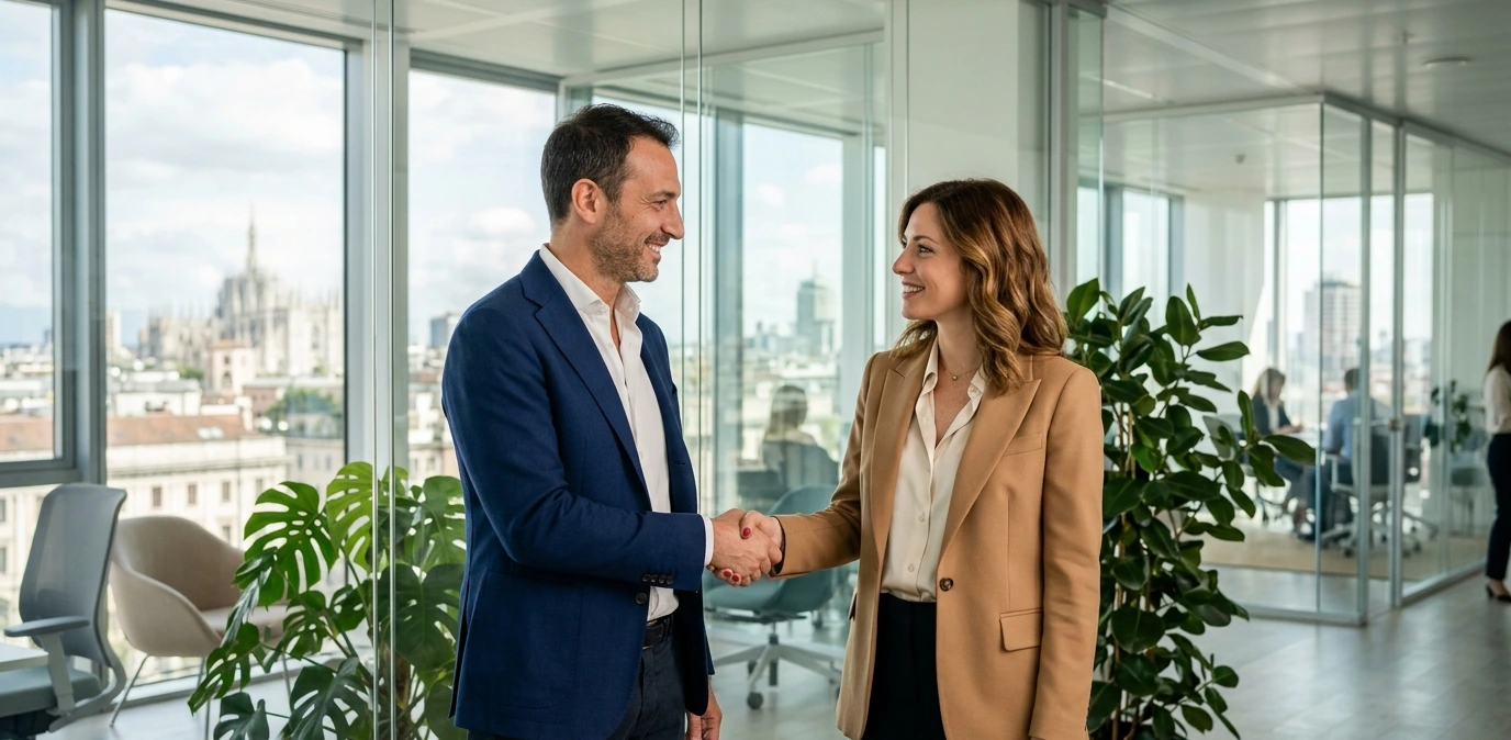 Professionnelle française et professionnel italien se serrant la main dans un bureau moderne et lumineux à Milan