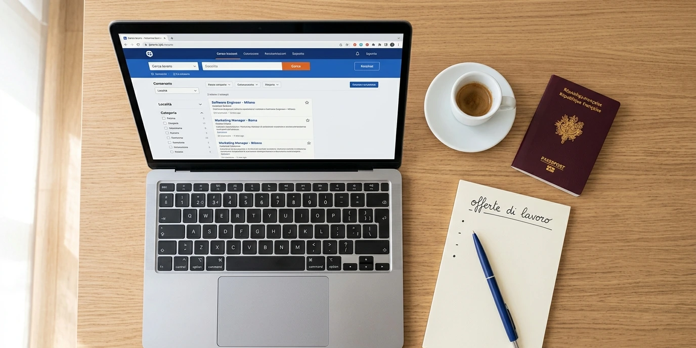 Ordinateur portable affichant des offres d'emploi en italien posé sur un bureau avec un passeport français et un carnet de notes