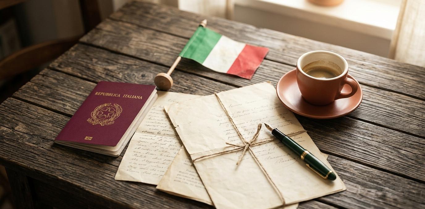 Documents officiels italiens et passeport sur une table en bois — nationalité italienne