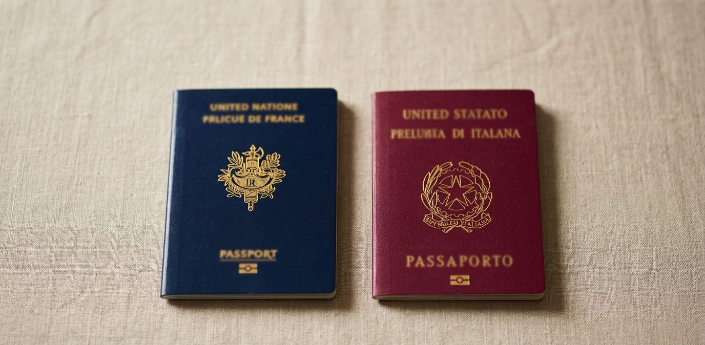Passeport français et passeport italien côte à côte — double nationalité franco-italienne