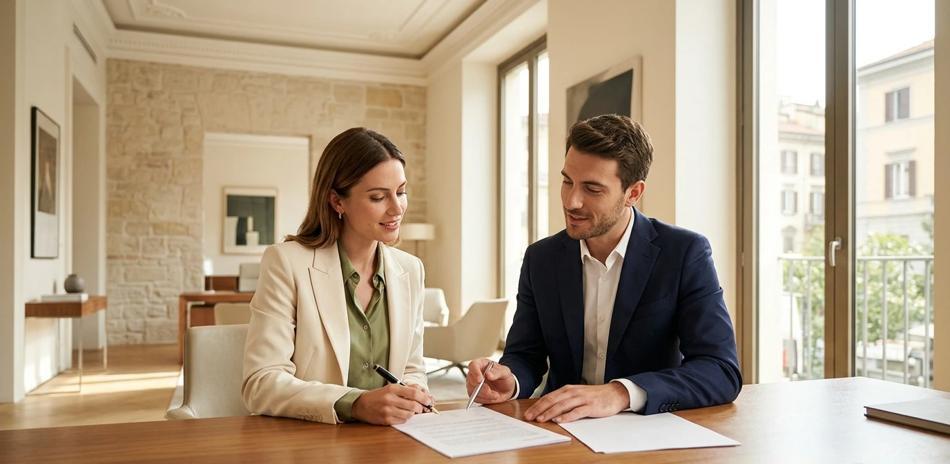 Conseiller bancaire et client français signant les documents d'ouverture d'un compte bancaire dans une agence italienne