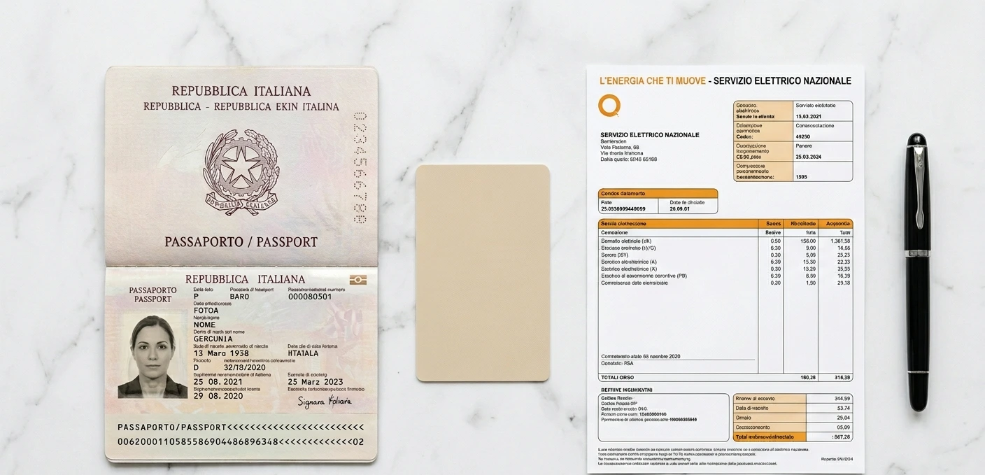 Documents nécessaires pour ouvrir un compte bancaire en Italie : passeport, Codice Fiscale, justificatif de domicile et stylo sur marbre blanc