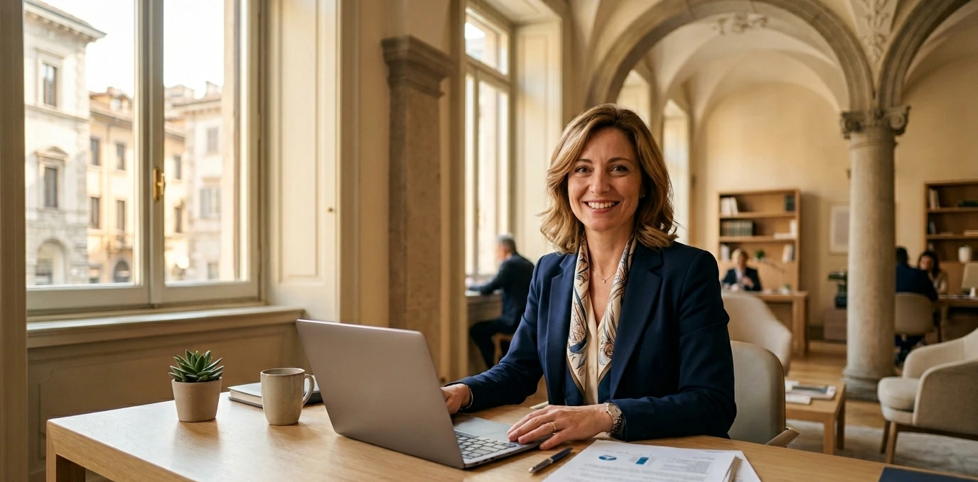 Conseillère bancaire italienne souriante prête à accompagner des expatriés français dans l'ouverture d'un compte bancaire en Italie